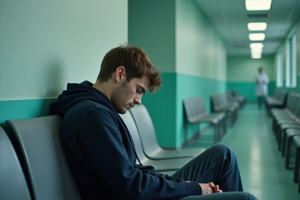 Jeune homme pâle et fatigué assis dans une salle d'attente d'hôpital après un malaise vagal, en lien avec la prise d'antidouleurs comme le paracétamol