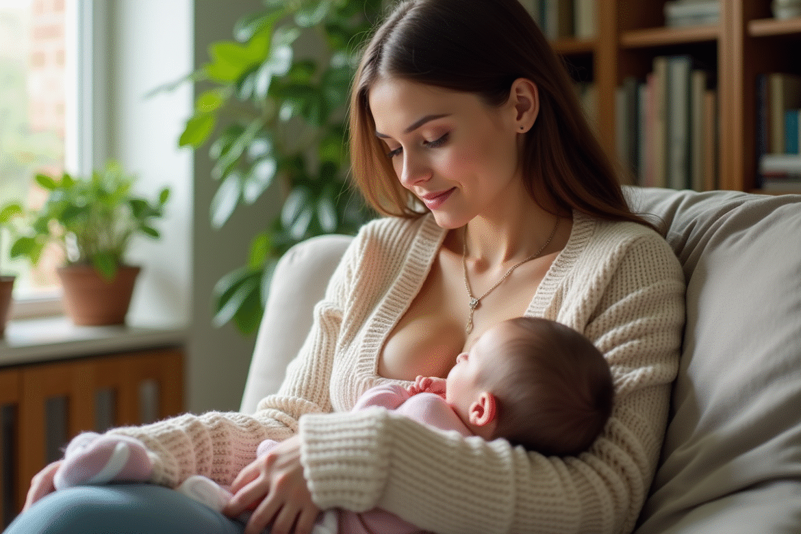 Maman avec bébé et collier bola en environment calme