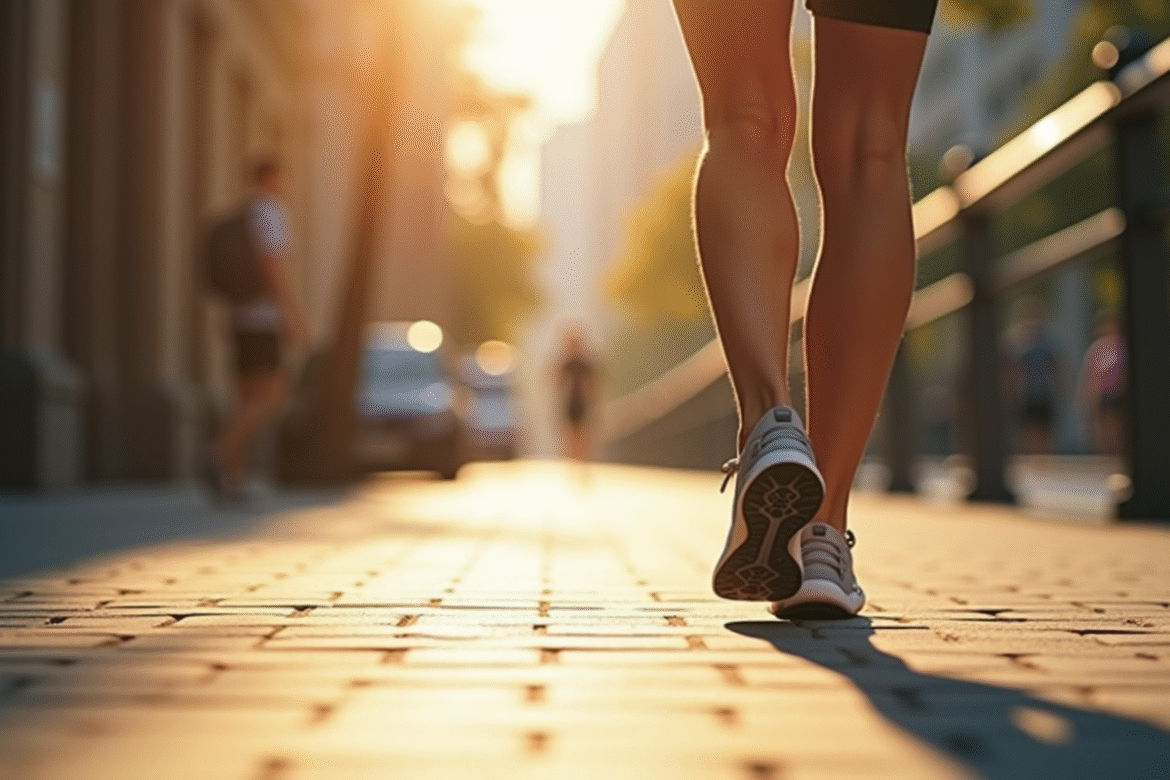 Personne marchant vite sur trottoir ensoleille avec tracker