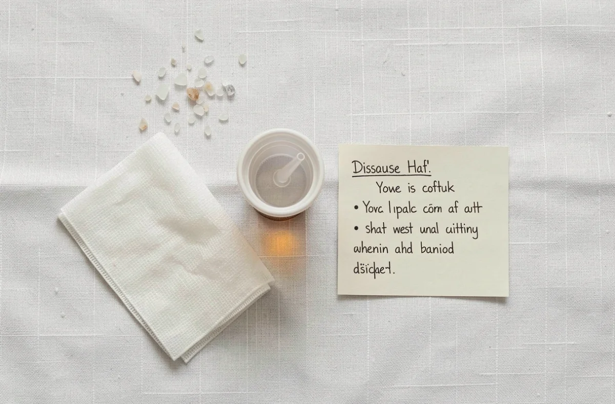 Vue aérienne du matériel de lavage nasal avec sérum physiologique et instructions de dosage