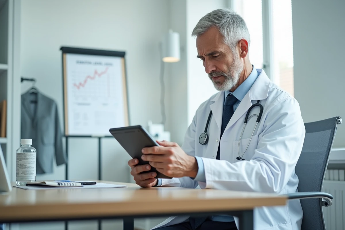 Médecin analysant des résultats d'analyse de sang montrant un excès de ferritine sur une tablette dans un cabinet médical moderne