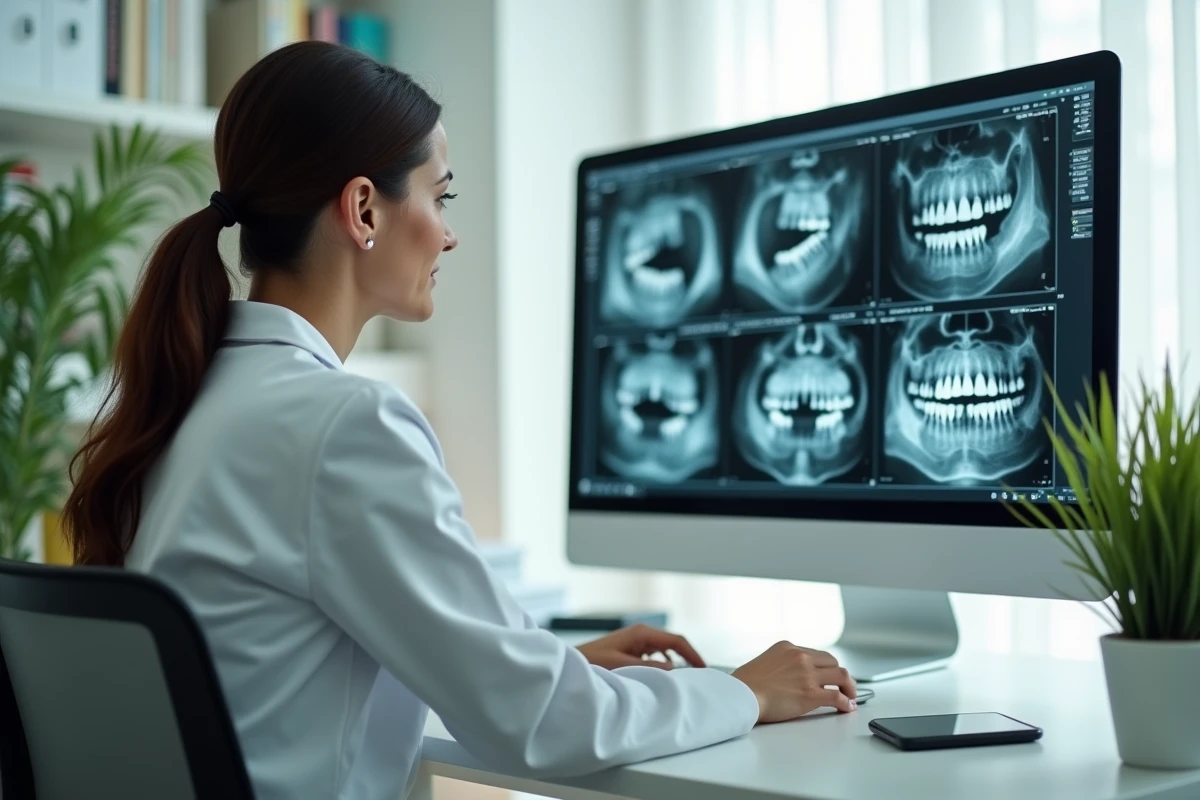 Médecin oncologue analysant des photos cliniques de cancer de la langue sur ordinateur