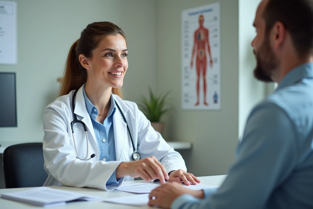 Médecin généraliste conseillant un patient sur la vaccination antitétanique dans un cabinet médical
