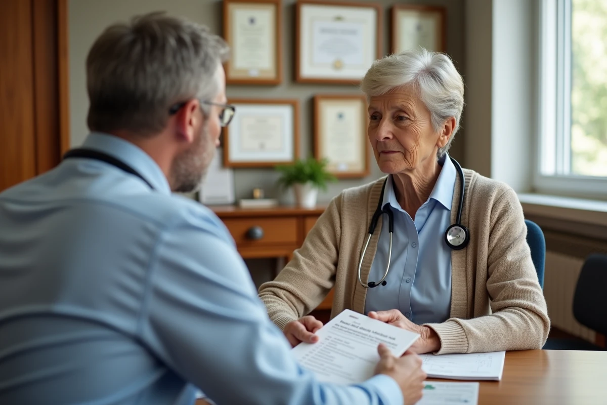 Médecin expliquant à une patiente âgée les options de vaccination contre le zona lors d'une consultation