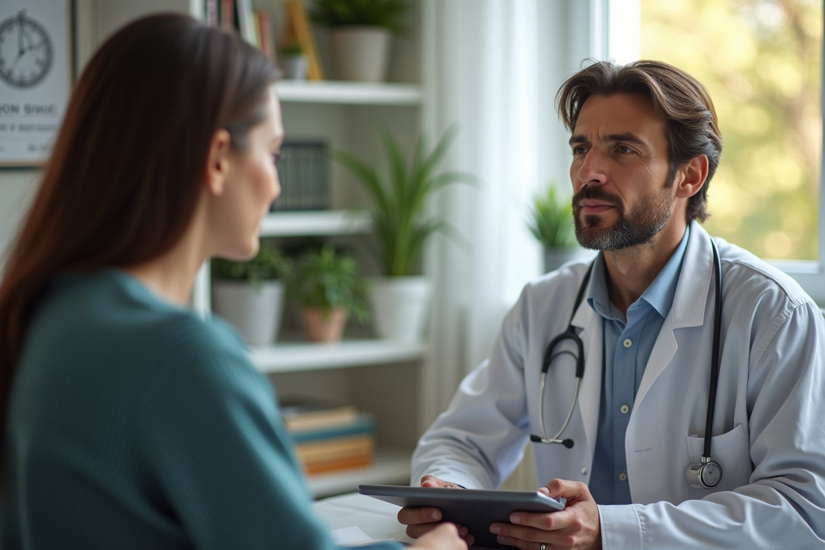 Médecin écoutant un patient avec une tablette dans une salle de consultation