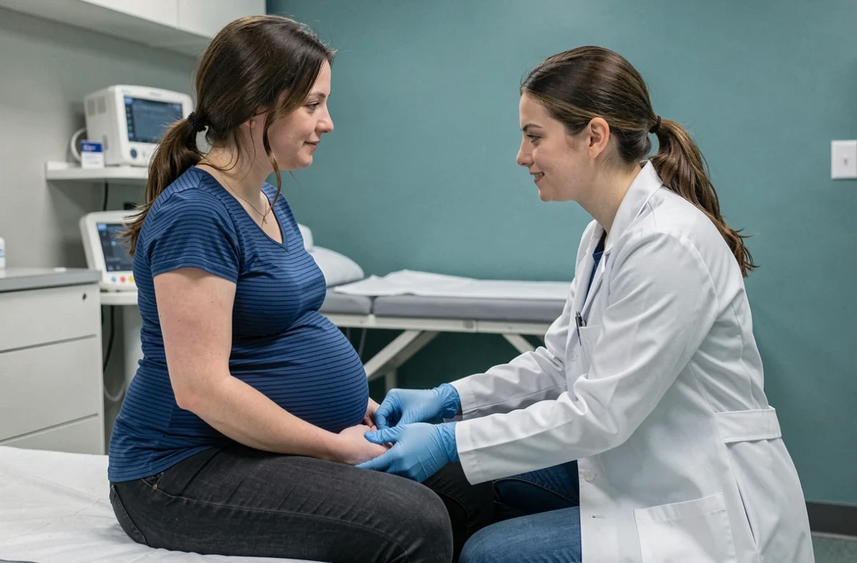 Médecin examinant la cheville enflée d'une femme enceinte lors d'une consultation prénatale