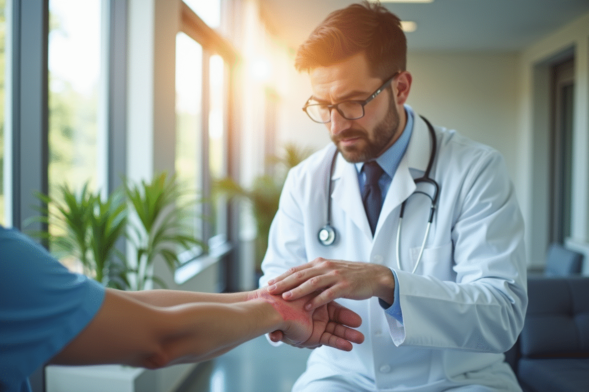 Médecin examinant une éruption cutanée sur le bras d'un patient