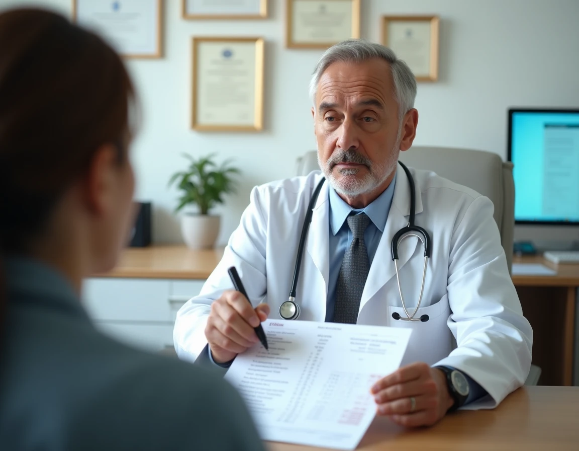 Médecin expliquant des résultats de prise de sang élevés à un patient dans un cabinet médical, pointant les valeurs TCMH sur un rapport