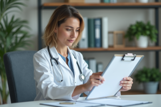 Médecin femme en blouse blanche dans son bureau