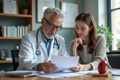 Medecin et femme discutant de documents médicaux dans un bureau