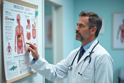 Médecin gastro-entérologue pointant un schéma coloré du système digestif dans un cabinet médical moderne