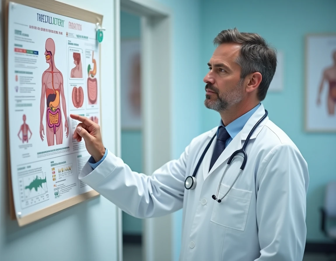 Médecin gastro-entérologue pointant un schéma coloré du système digestif dans un cabinet médical moderne