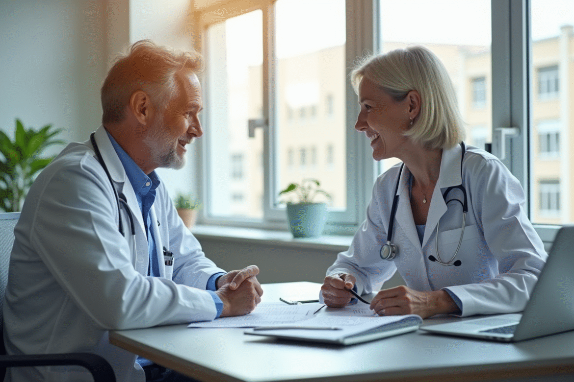 Médecin généraliste consultait une femme dans un cabinet lumineux