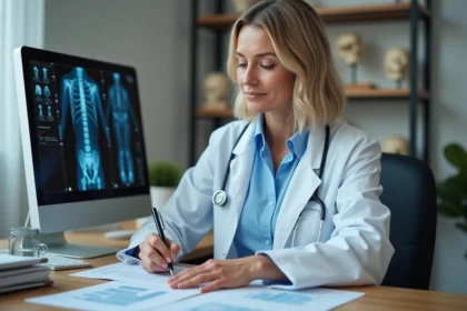 Medecin femme examine un scan osseux dans un bureau moderne