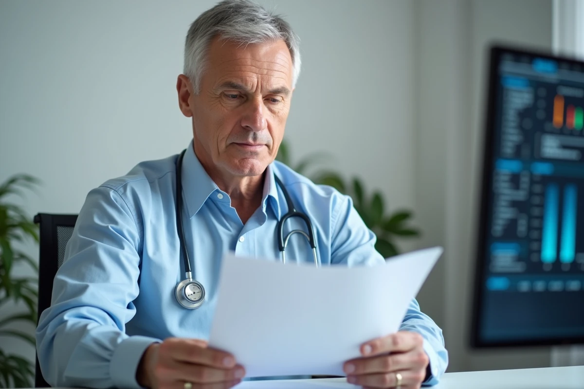 Médecin consultant les résultats d'analyse d'urine avec cellules épithéliales dans son cabinet