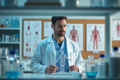 Médecin tenant un modèle anatomique du système circulatoire humain dans un laboratoire hospitalier moderne