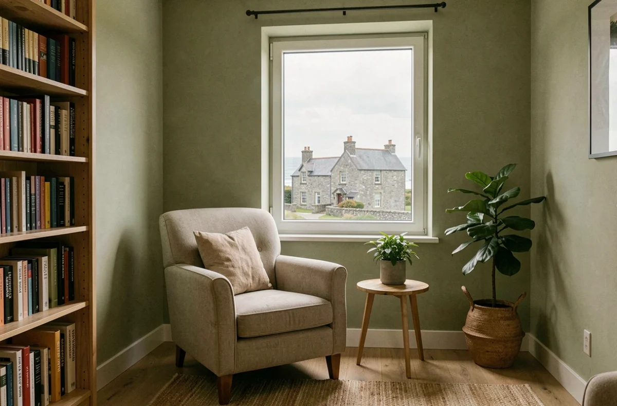 Cabinet de psychologie chaleureux dans le Finistère avec fauteuil confortable, bibliothèque et vue sur la côte bretonne