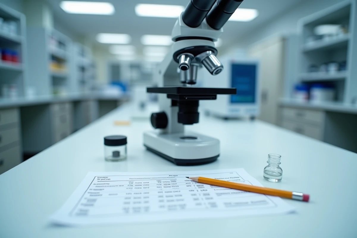 Microscope de laboratoire avec lame d'analyse de sédiment urinaire et rapport d'examens biologiques