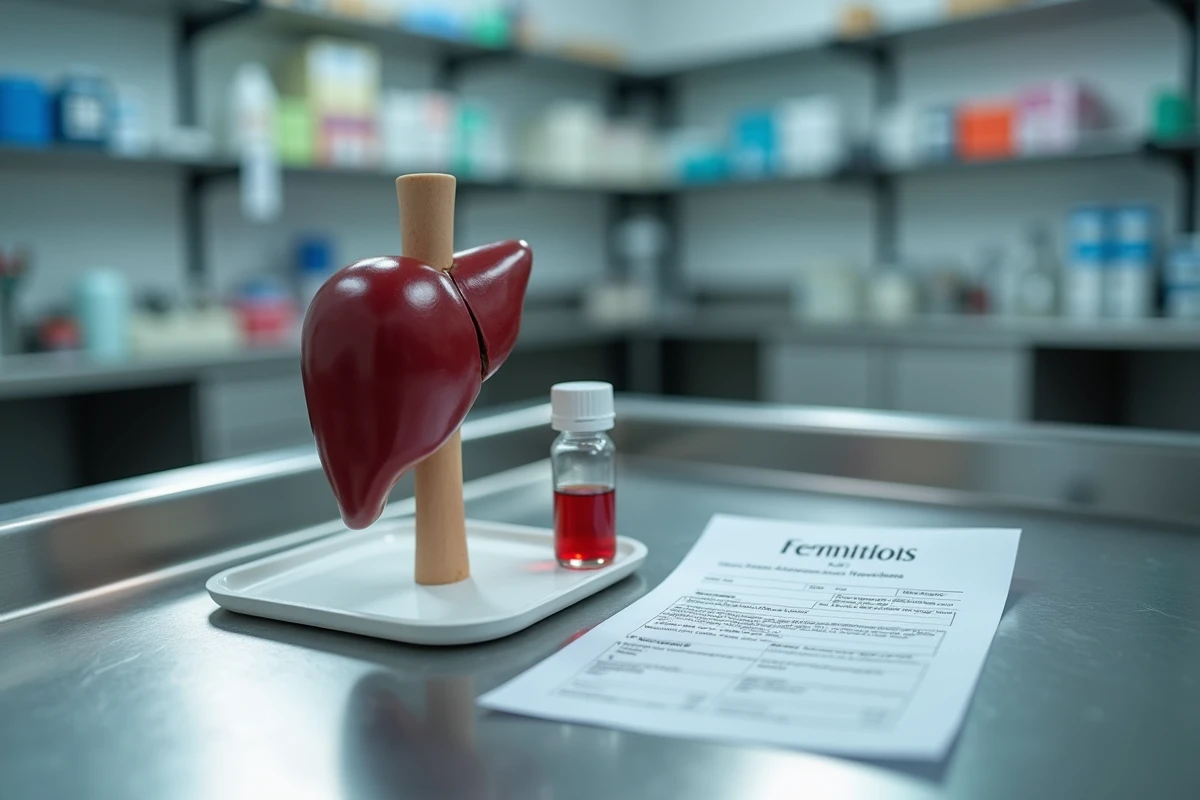 Modèle anatomique du foie humain avec un bilan sanguin montrant un taux de ferritine élevé dans un laboratoire médical