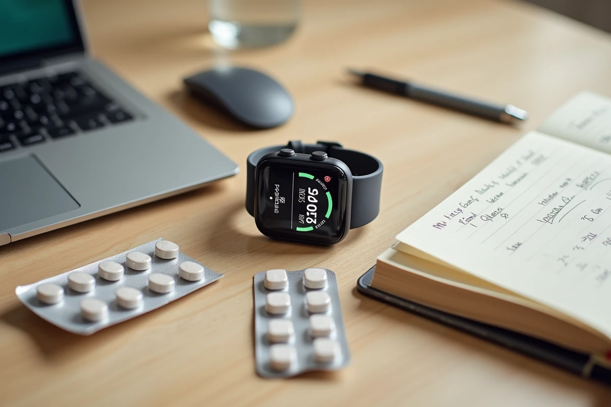 Montre tensiomètre connectée posée avec glucomètre et carnet de suivi pour diabétique