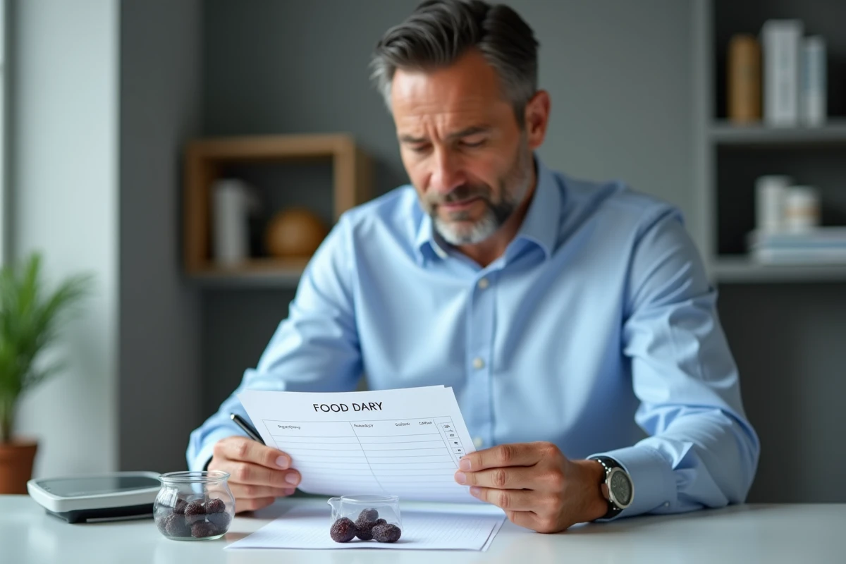 Nutritionniste examinant un journal alimentaire avec des pruneaux sur son bureau lors d'une consultation sur les effets des pruneaux le soir