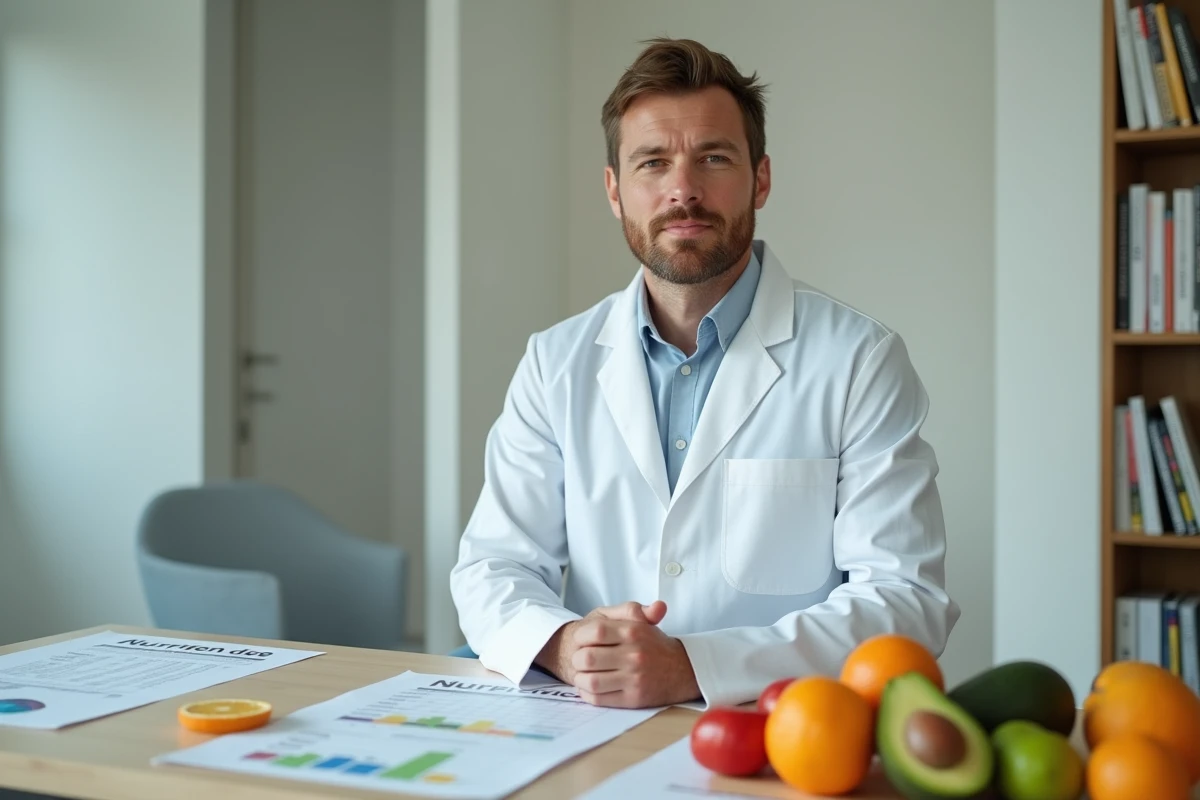 Nutritionniste présentant des fruits et des graphiques sur la carence en vitamine D lors d'une consultation