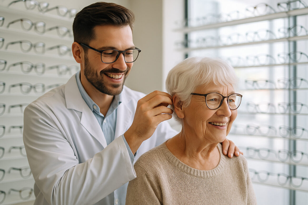Opticien aidant une personne agee pour un test auditif dans un magasin lumineux
