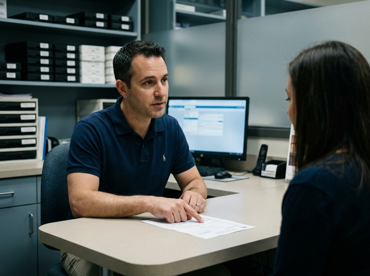 Opticien expliquant le fonctionnement du tiers payant optique à un client lors d'une consultation