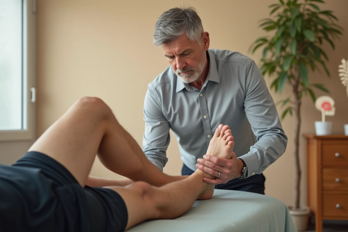 Ostéopathe réalisant une manipulation du talon pour traiter une épine calcanéenne sur un patient allongé en cabinet