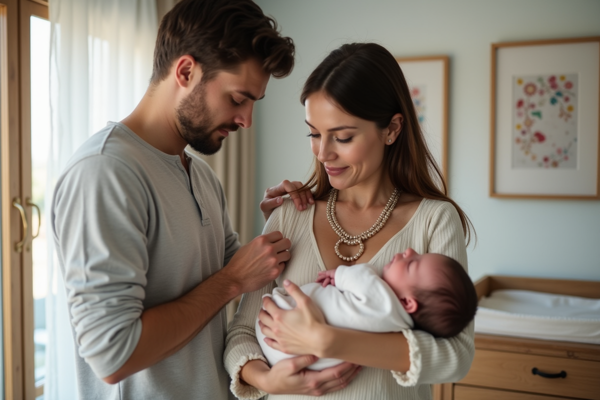 Papa ajustant le collier bola sur maman et bébé endormi