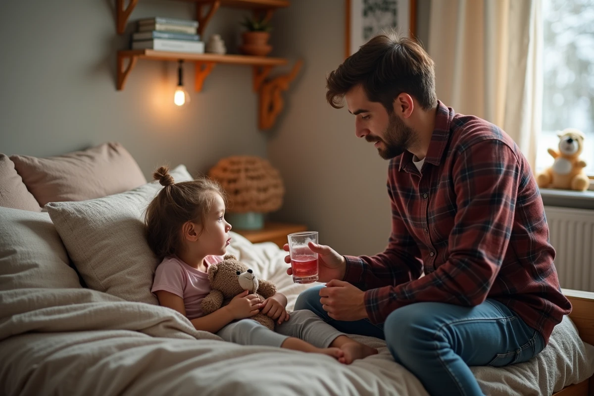Père réconfortant sa fille malade dans la chambre