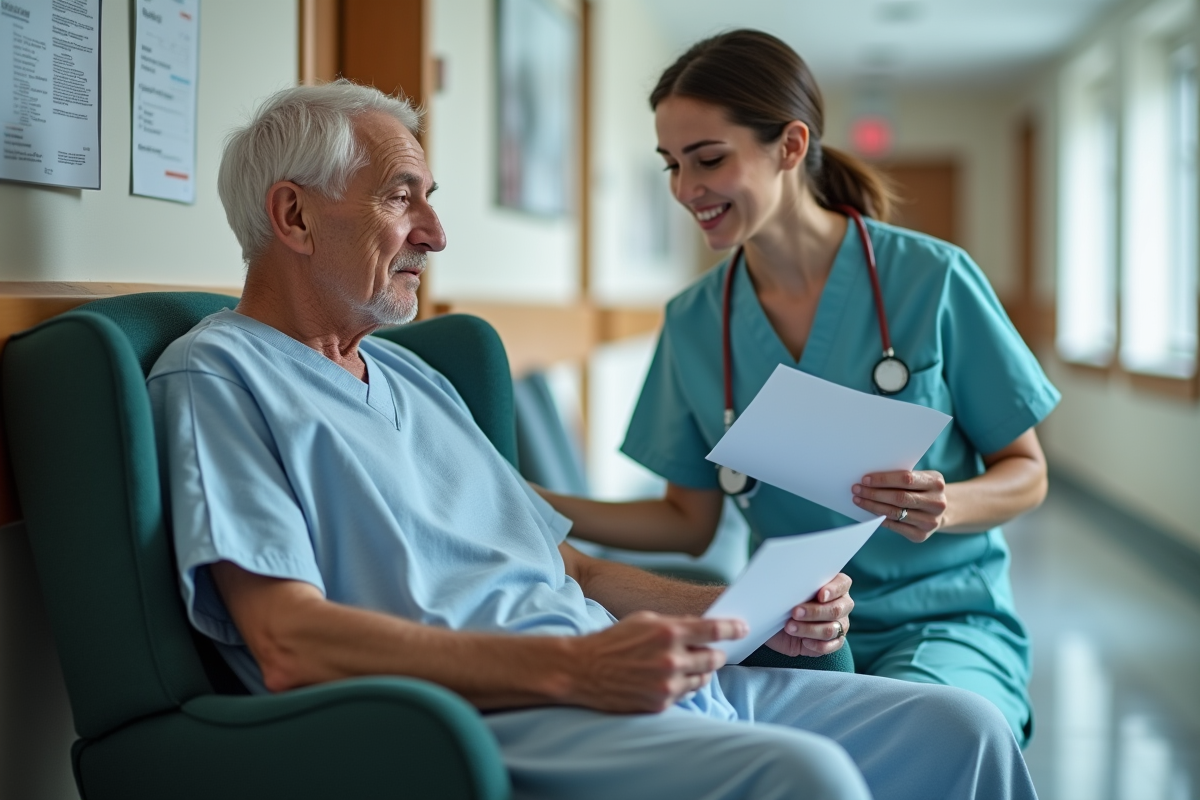 Infirmière expliquant des documents à un patient âgé dans un couloir hospitalier