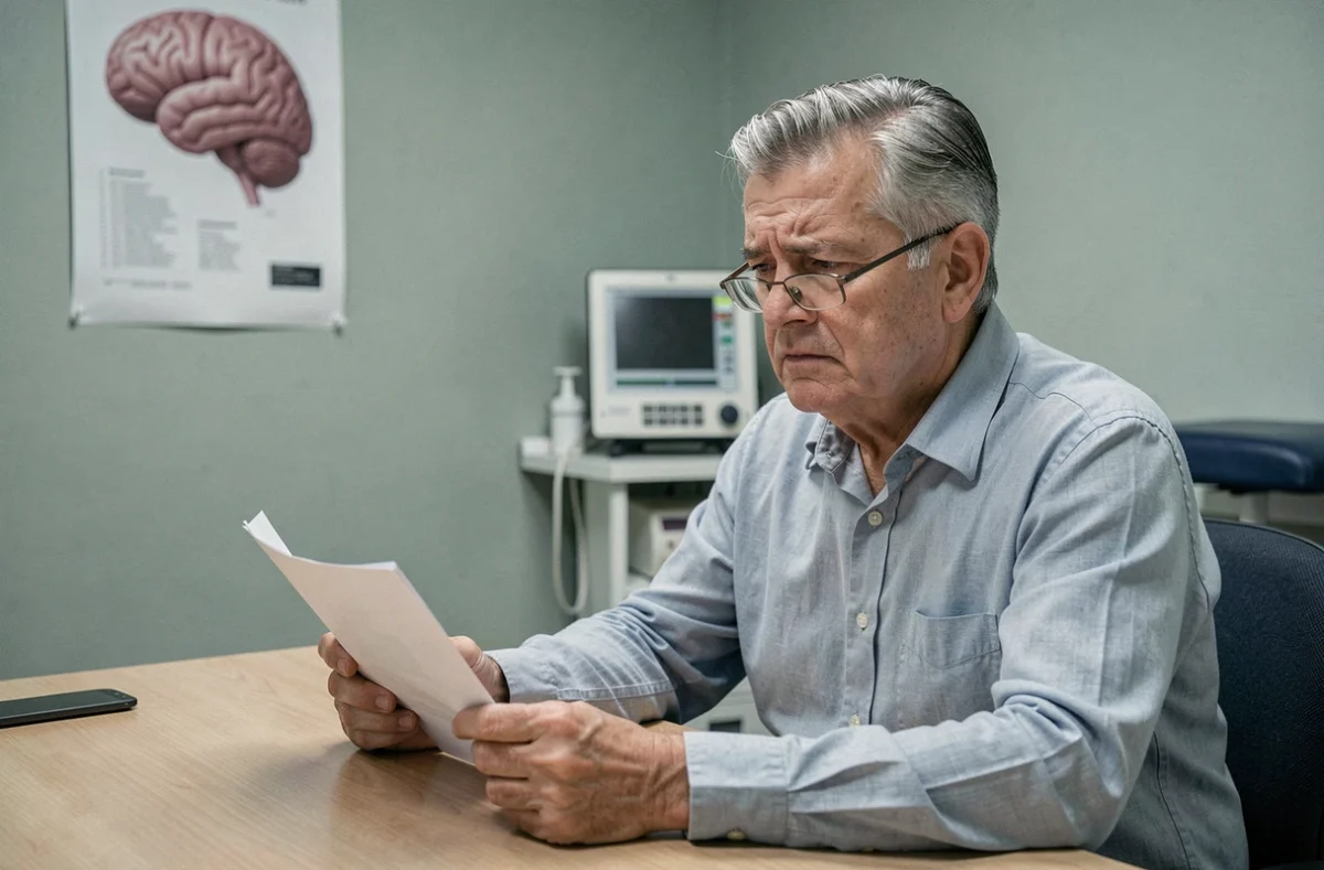 Patient âgé en consultation neurologique tenant un document médical, évoquant le diagnostic de leucopathie vasculaire et troubles anxieux