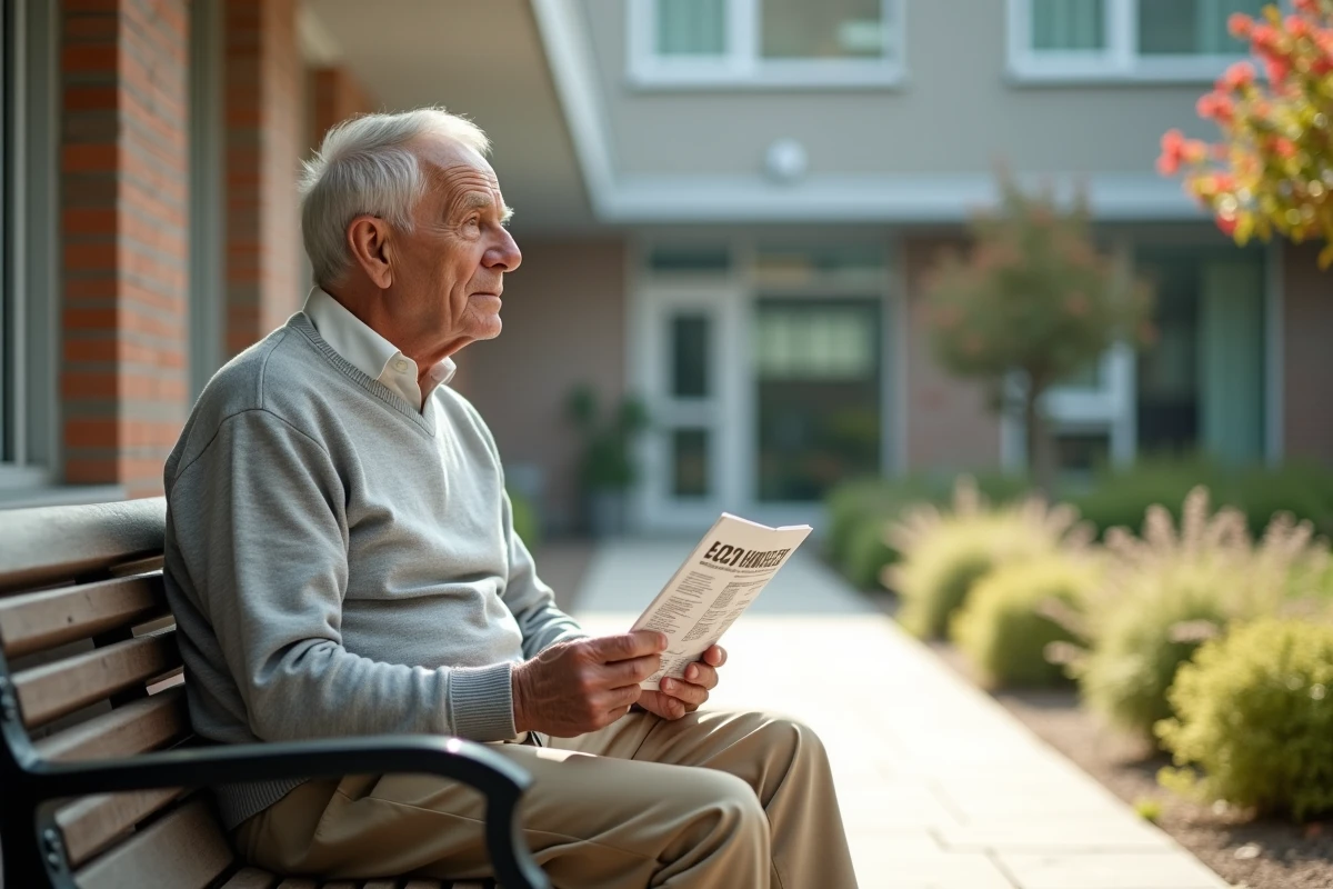 Homme age assis dans la cour d hopital avec brochure sur la santé des os