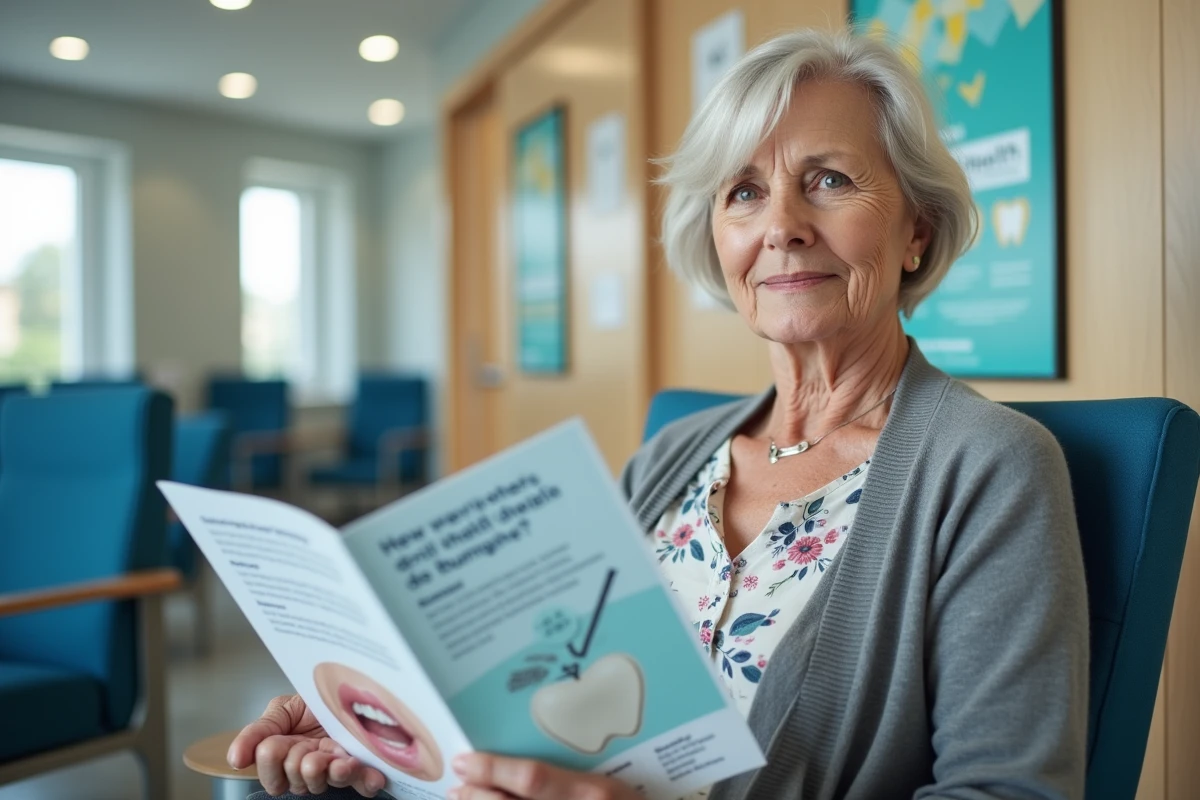 Patiente âgée lisant une brochure sur la prévention et la détection du cancer de la langue