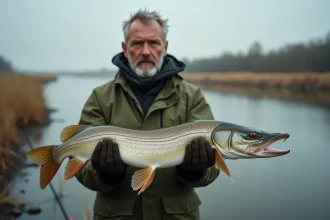 Pêcheur tenant un brochet aux dents acérées avec des gants de protection au bord d'une rivière