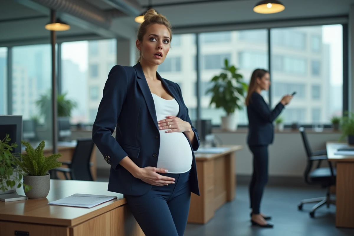 Femme enceinte en milieu professionnel qui ressent la perte des eaux au bureau, soutenue par une collègue
