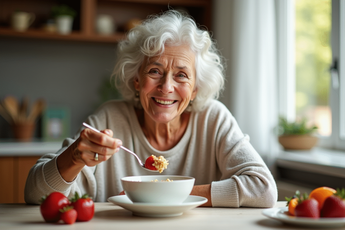 Femme senior mangeant un bol de flocons avec fruits frais
