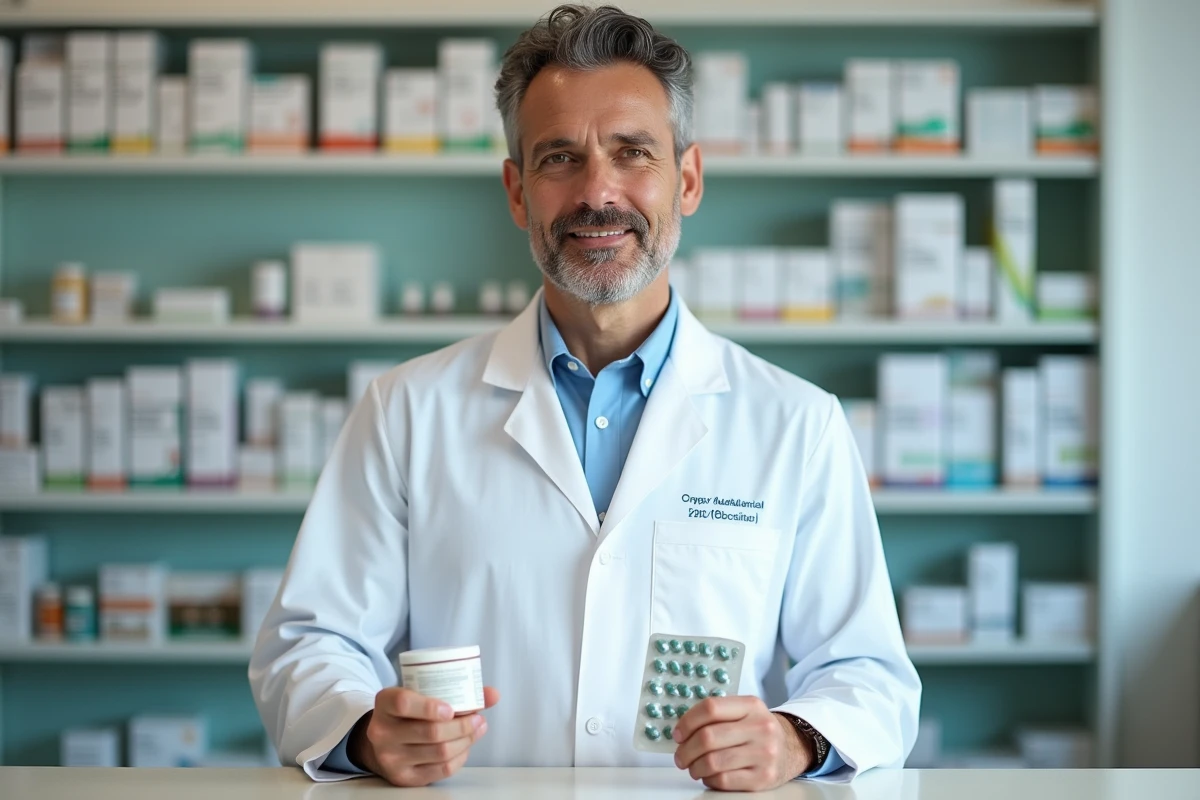 Pharmacien tenant une plaquette d'antibiotiques et une boîte d'Ultra-levure derrière le comptoir d'une pharmacie
