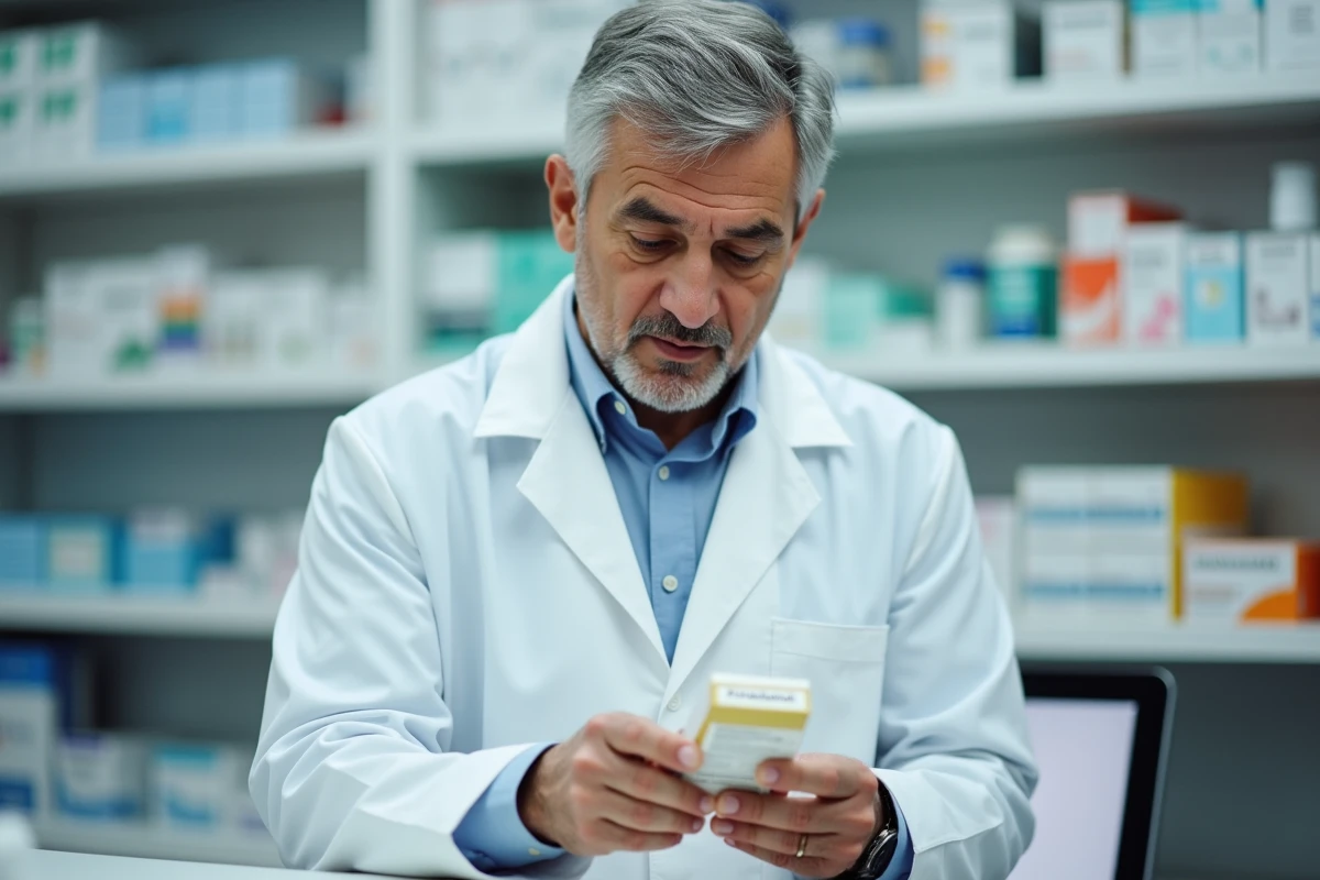 Pharmacien examinant une boîte de paracétamol au comptoir d'une pharmacie, soulignant l'importance du conseil médical avant la prise d'antidouleurs