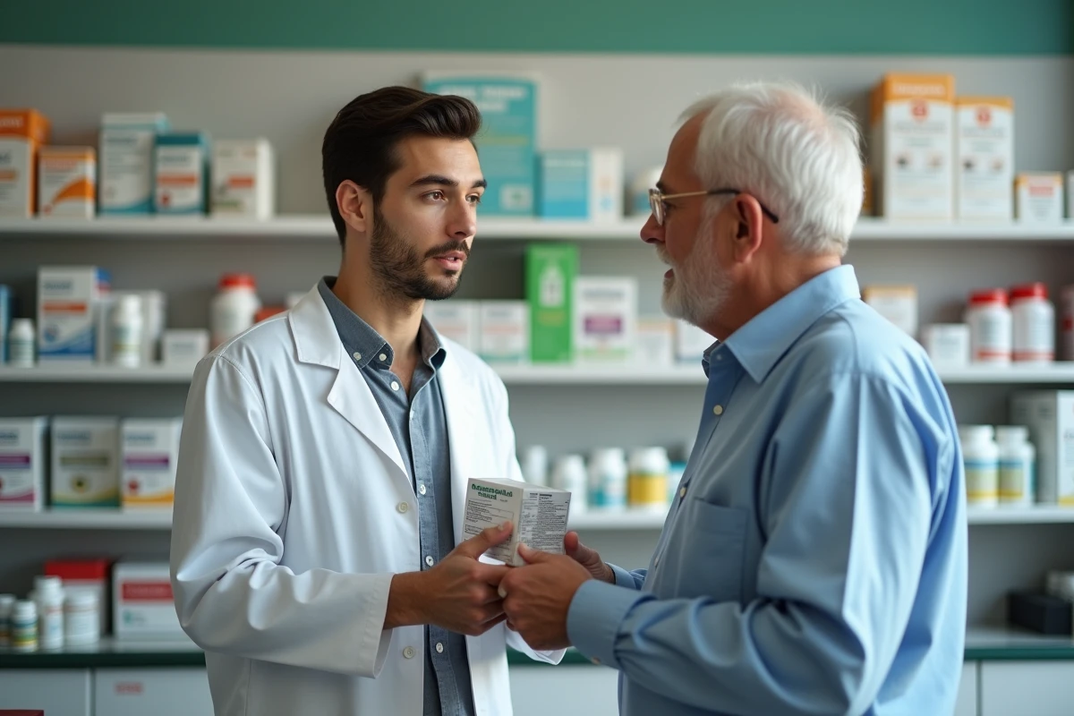 Jeune pharmacien conseillant un homme âgé avec des probiotiques
