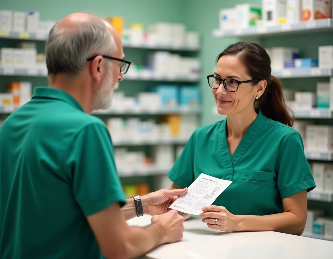 Pharmacien expliquant des symptômes digestifs à une patiente dans une pharmacie française