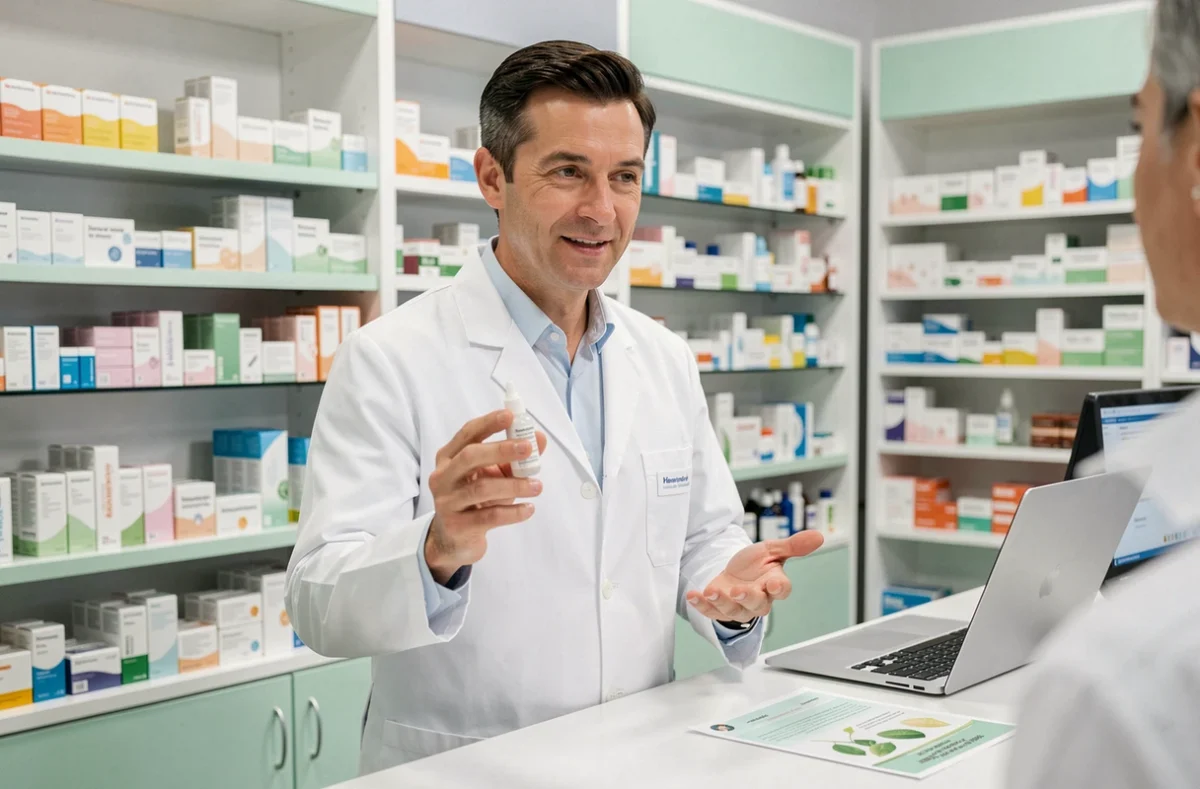 Pharmacien expliquant le dosage d'un spray nasal salin à un client en pharmacie