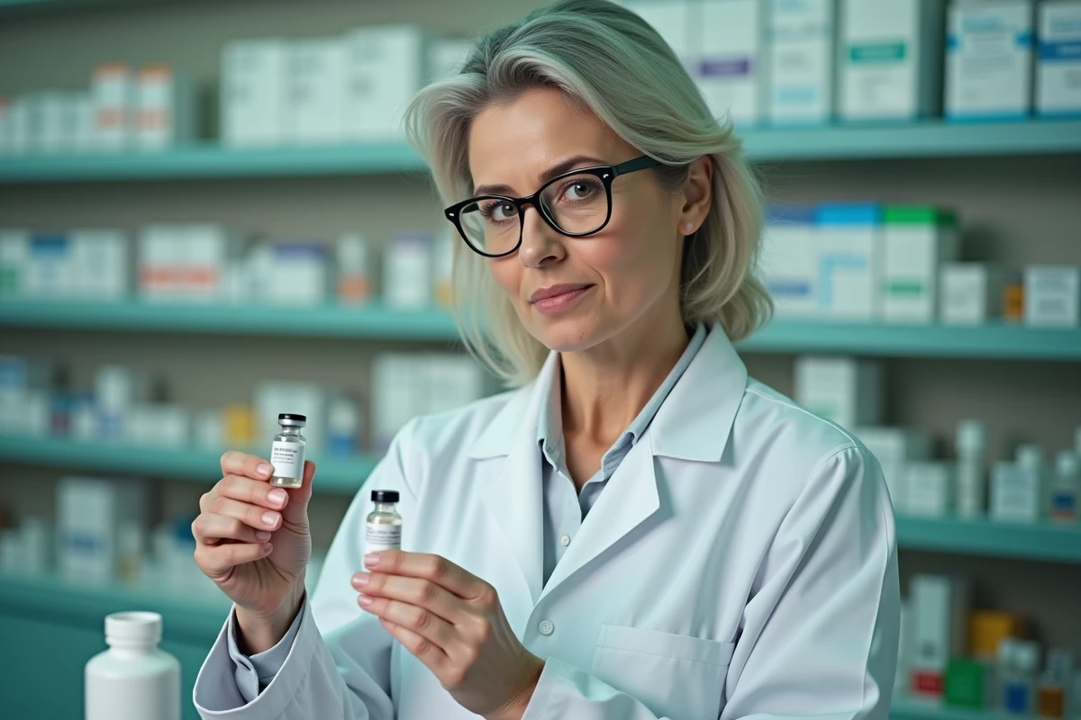 Pharmacienne comparant deux flacons de vaccins contre le zona Zostavax et Shingrix dans une pharmacie