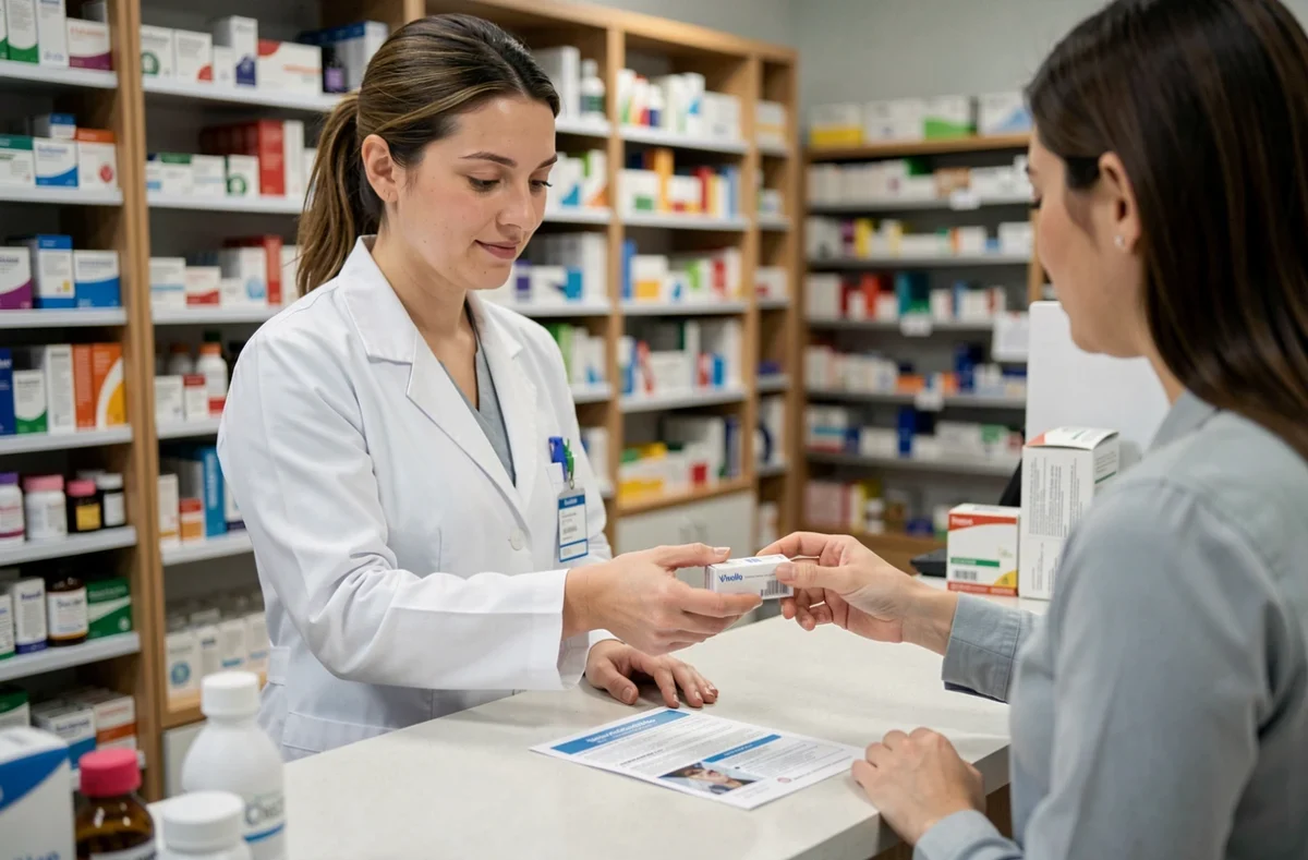 Pharmacienne conseillant une cliente sur la prise de compléments alimentaires avec la pilule contraceptive dans une pharmacie