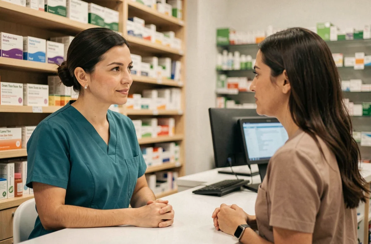 Pharmacienne conseillant une patiente sur la prévention des infections urinaires dans une pharmacie