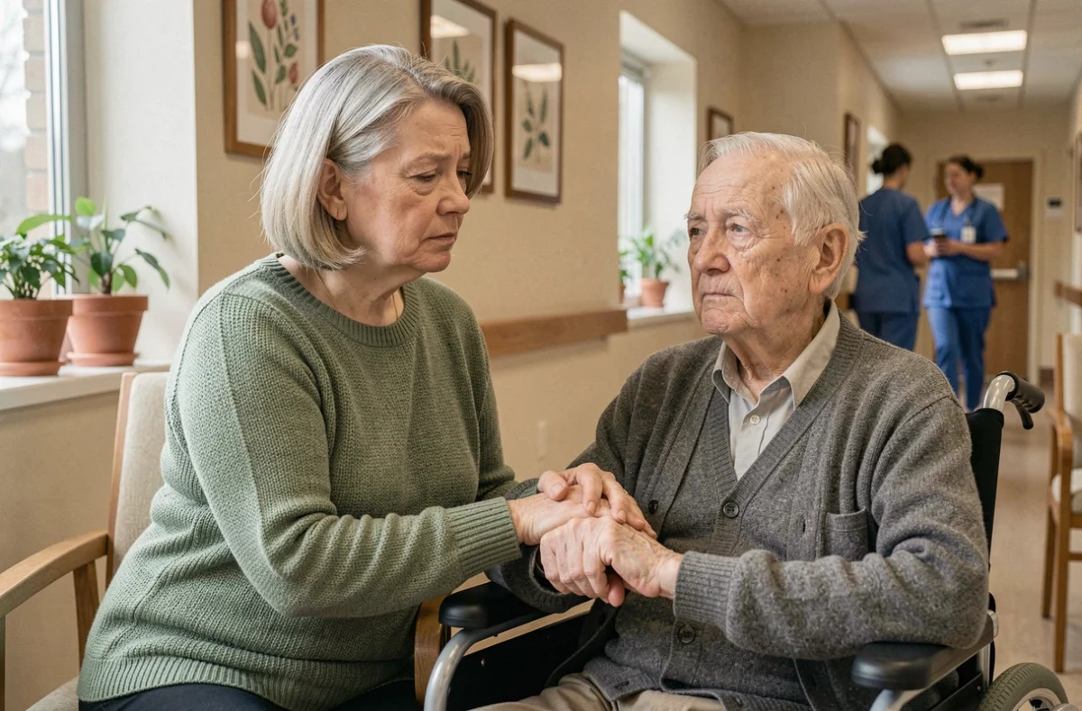 Fille tenant la main de son père âgé atteint d'Alzheimer en phase terminale dans une maison de retraite médicalisée