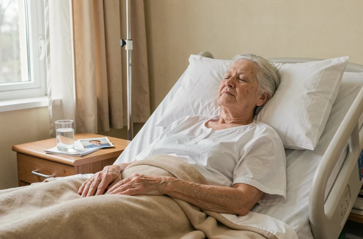 Femme âgée en phase terminale d'Alzheimer reposant paisiblement dans un lit d'hôpital, illustrant les soins palliatifs en fin de vie