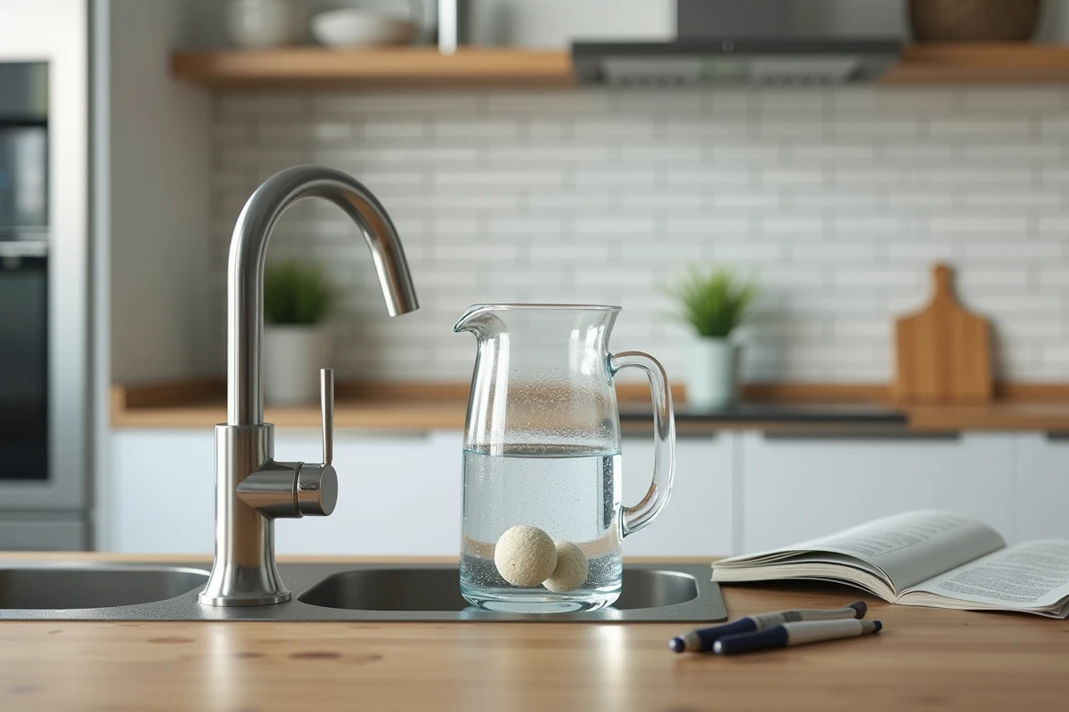 Pichet d'eau du robinet avec perles de céramique dans une cuisine moderne et rapport de laboratoire