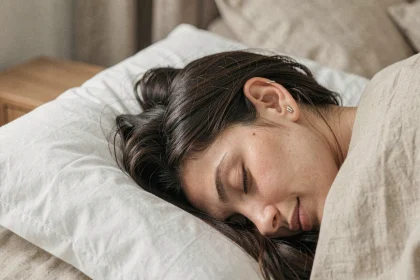 Jeune femme allongée dans son lit avec un piercing conch en argent à l'oreille, illustrant les bienfaits supposés du piercing pour le sommeil